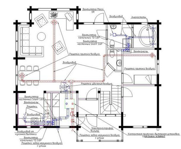 Пример чертежа вентиляционной системы частного дома
